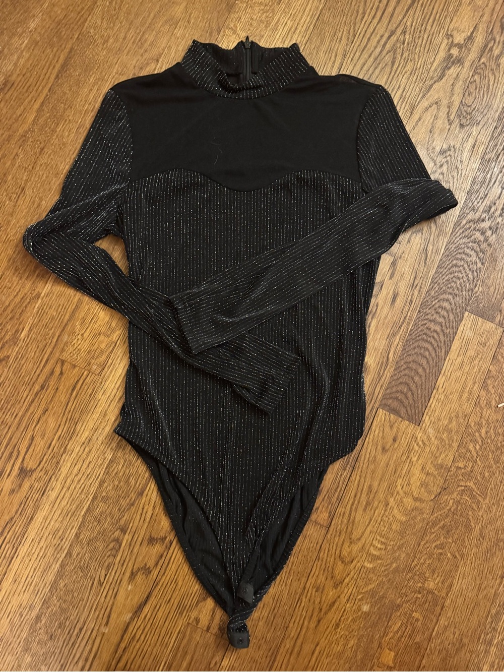 SHEIN Black Metallic Ribbed Long-Sleeve Bodysuit